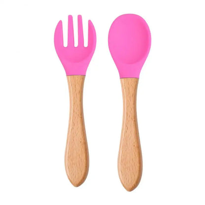 2pcs/set Tableware Baby Spoon Fork Set Children's Silicone Wooden Feeding Training Baby Dinnerware Cutlery Baby Feeding Supplies