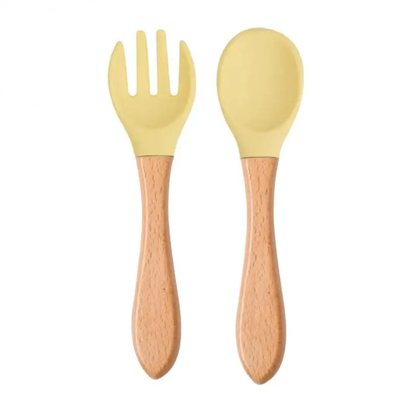 2pcs/set Tableware Baby Spoon Fork Set Children's Silicone Wooden Feeding Training Baby Dinnerware Cutlery Baby Feeding Supplies