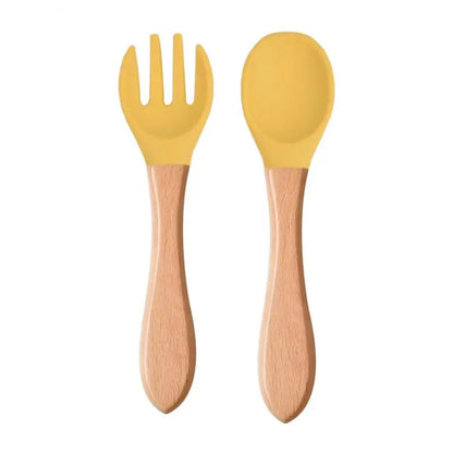 2pcs/set Tableware Baby Spoon Fork Set Children's Silicone Wooden Feeding Training Baby Dinnerware Cutlery Baby Feeding Supplies