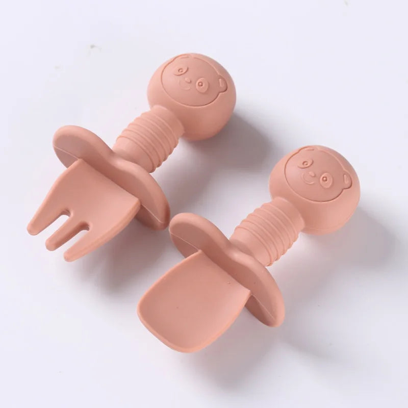 2pcs Food Grade Children Wooden Handle Silicone Spoon Fork Cutlery Baby Training Complementary Food Spoon BabyFeeding Spoon Fork