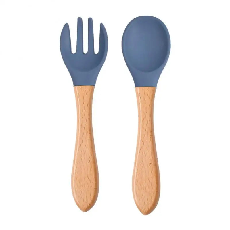 2pcs/set Tableware Baby Spoon Fork Set Children's Silicone Wooden Feeding Training Baby Dinnerware Cutlery Baby Feeding Supplies