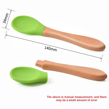 2pcs/set Tableware Baby Spoon Fork Set Children's Silicone Wooden Feeding Training Baby Dinnerware Cutlery Baby Feeding Supplies