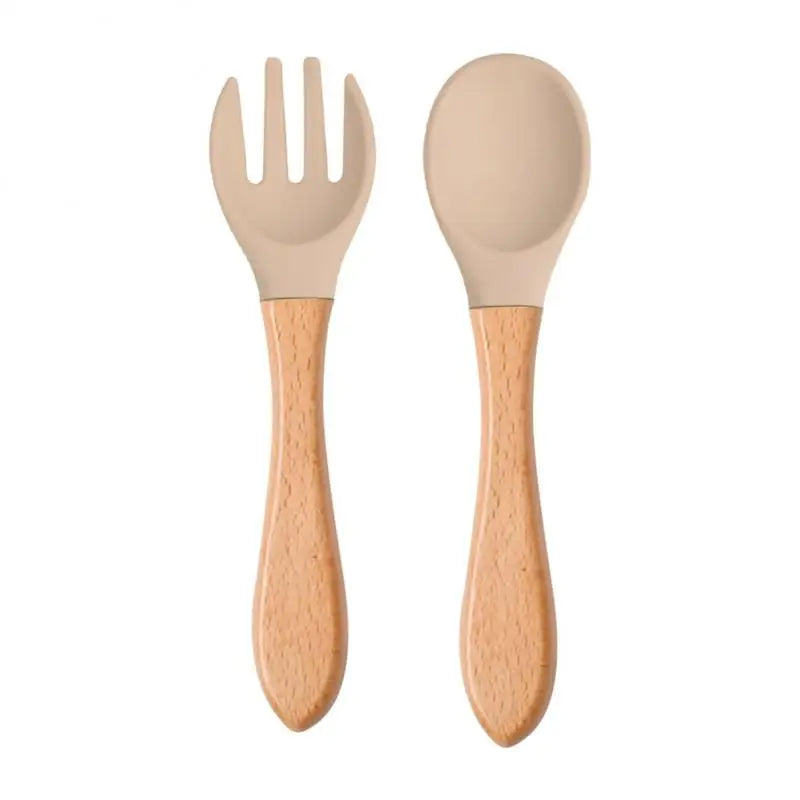 2pcs/set Tableware Baby Spoon Fork Set Children's Silicone Wooden Feeding Training Baby Dinnerware Cutlery Baby Feeding Supplies