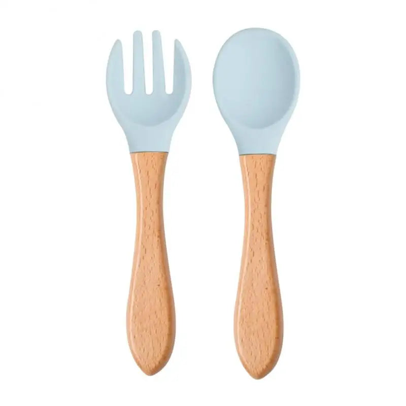 2pcs/set Tableware Baby Spoon Fork Set Children's Silicone Wooden Feeding Training Baby Dinnerware Cutlery Baby Feeding Supplies