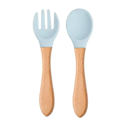 2pcs/set Tableware Baby Spoon Fork Set Children's Silicone Wooden Feeding Training Baby Dinnerware Cutlery Baby Feeding Supplies