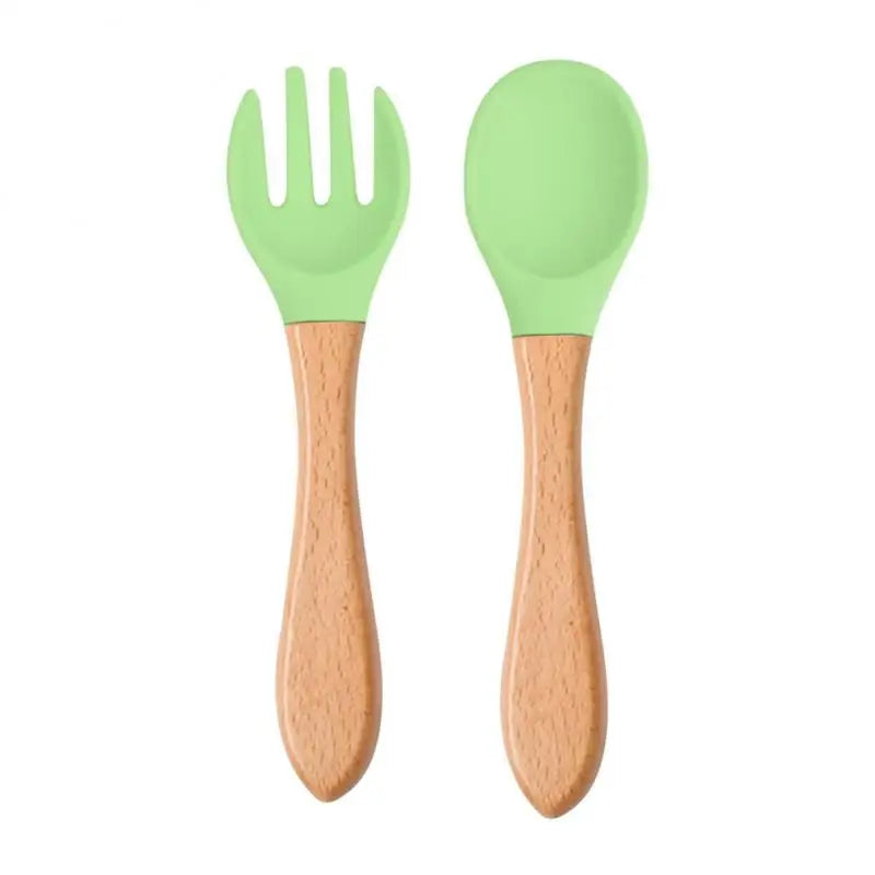 2pcs/set Tableware Baby Spoon Fork Set Children's Silicone Wooden Feeding Training Baby Dinnerware Cutlery Baby Feeding Supplies