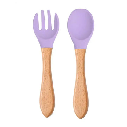 2pcs/set Tableware Baby Spoon Fork Set Children's Silicone Wooden Feeding Training Baby Dinnerware Cutlery Baby Feeding Supplies