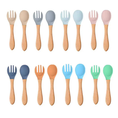 2pcs/set Tableware Baby Spoon Fork Set Children's Silicone Wooden Feeding Training Baby Dinnerware Cutlery Baby Feeding Supplies