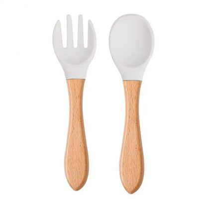 2pcs/set Tableware Baby Spoon Fork Set Children's Silicone Wooden Feeding Training Baby Dinnerware Cutlery Baby Feeding Supplies