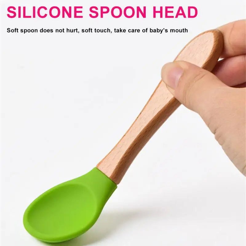 2pcs/set Tableware Baby Spoon Fork Set Children's Silicone Wooden Feeding Training Baby Dinnerware Cutlery Baby Feeding Supplies