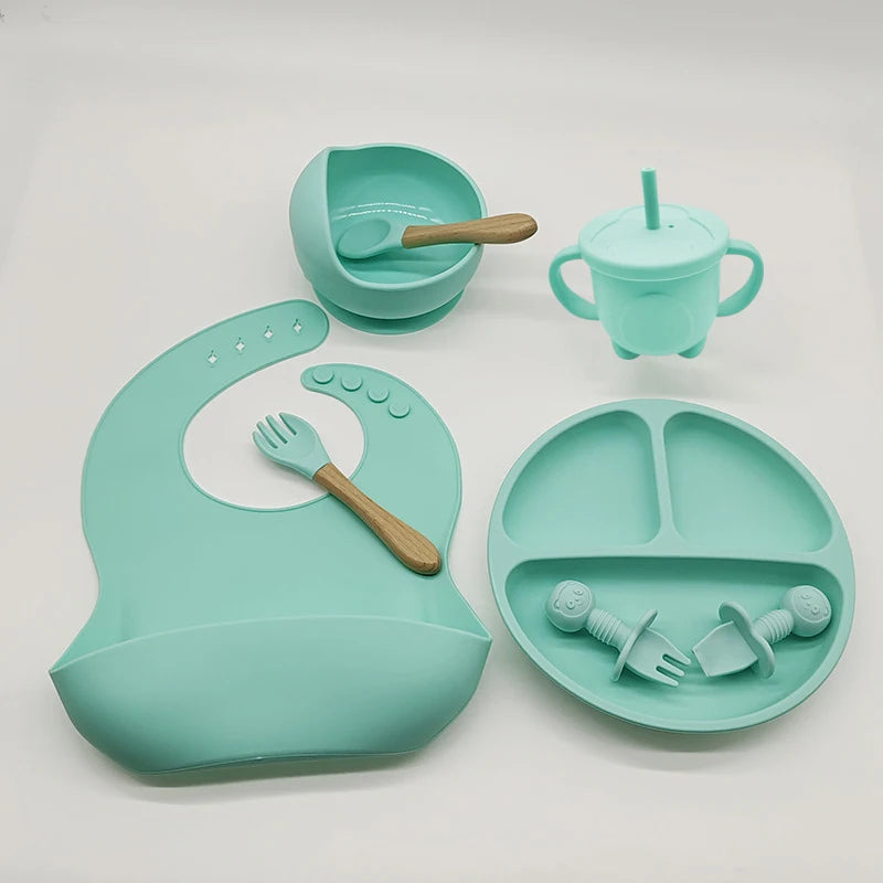 Children's Dishes Set Baby Silicone 6/8-piece Tableware Set Suction Cups Forks Spoons Bibs Straws Cups Mother and Baby Supplies