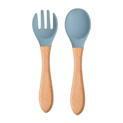 2pcs/set Tableware Baby Spoon Fork Set Children's Silicone Wooden Feeding Training Baby Dinnerware Cutlery Baby Feeding Supplies