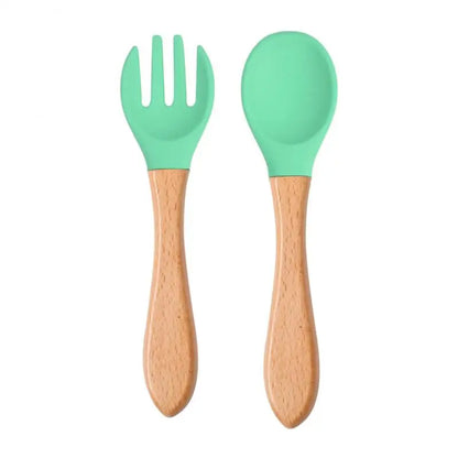 2pcs/set Tableware Baby Spoon Fork Set Children's Silicone Wooden Feeding Training Baby Dinnerware Cutlery Baby Feeding Supplies