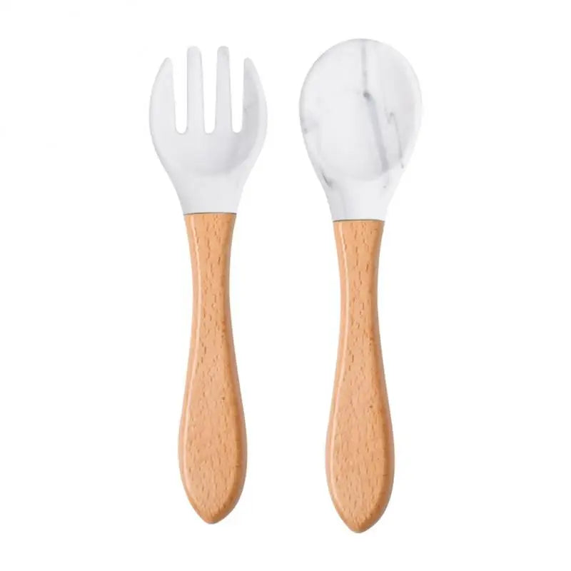 2pcs/set Tableware Baby Spoon Fork Set Children's Silicone Wooden Feeding Training Baby Dinnerware Cutlery Baby Feeding Supplies