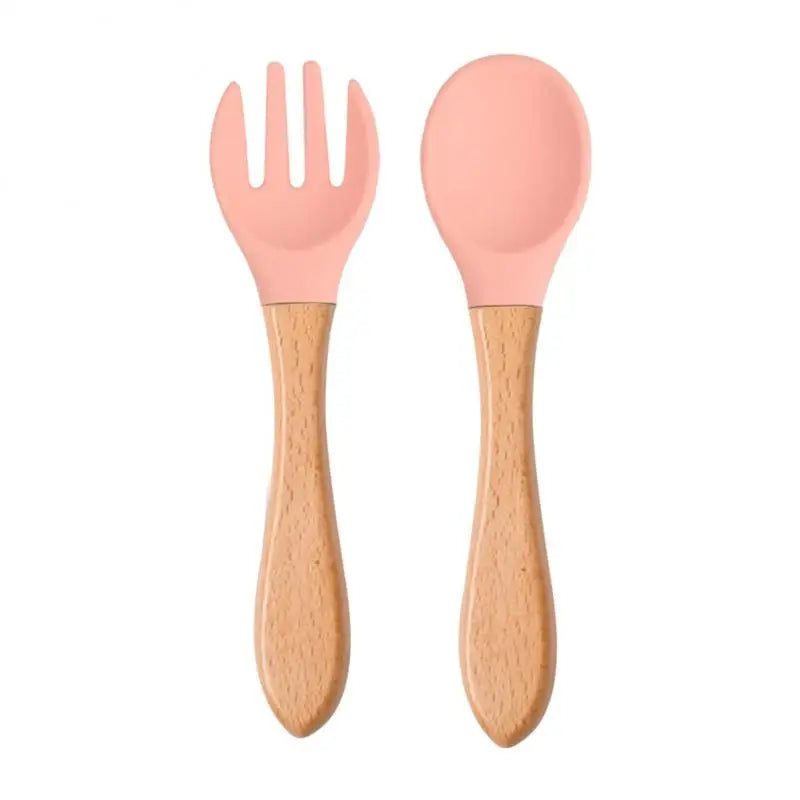 2pcs/set Tableware Baby Spoon Fork Set Children's Silicone Wooden Feeding Training Baby Dinnerware Cutlery Baby Feeding Supplies