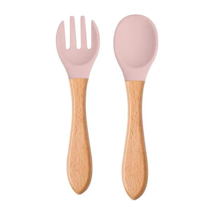 2pcs/set Tableware Baby Spoon Fork Set Children's Silicone Wooden Feeding Training Baby Dinnerware Cutlery Baby Feeding Supplies