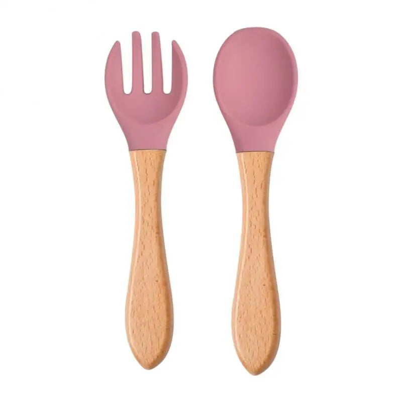 2pcs/set Tableware Baby Spoon Fork Set Children's Silicone Wooden Feeding Training Baby Dinnerware Cutlery Baby Feeding Supplies