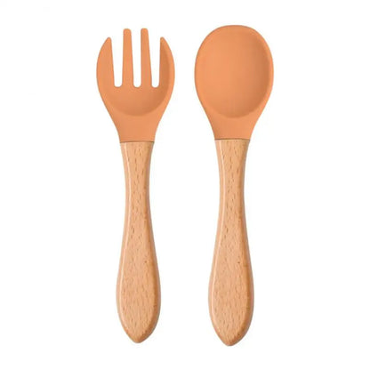 2pcs/set Tableware Baby Spoon Fork Set Children's Silicone Wooden Feeding Training Baby Dinnerware Cutlery Baby Feeding Supplies