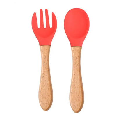 2pcs/set Tableware Baby Spoon Fork Set Children's Silicone Wooden Feeding Training Baby Dinnerware Cutlery Baby Feeding Supplies